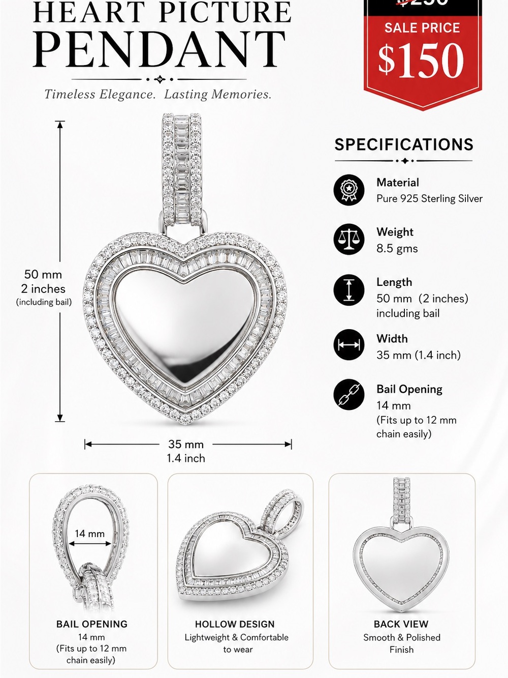 Sterling Silver Heart Picture Pendant Necklace - Silver